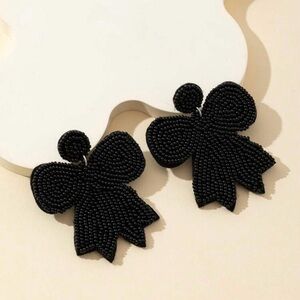1pair Stainless Steel Beaded Handmade Bow Earrings Black